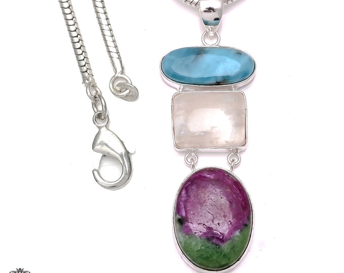 Larimar Moonstone Ruby Zoisite 925 Sterling Silver Pendant & 3MM Italian 925 Sterling Silver Chain P6634