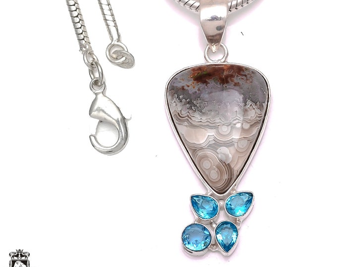 Crazy Lace Agate Blue Topaz 925 Sterling Silver Pendant & 3MM Italian 925 Sterling Silver Chain P6635