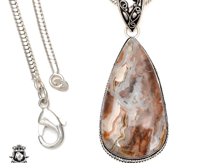CRAZY Lace AGATE Pendant & FREE 3MM Italian 925 Sterling Silver Chain V1617