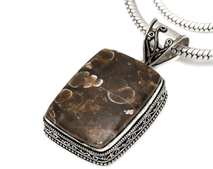 TURRITELLA FOSSIL Agate Jasper Pendant & FREE 3MM Italian 925 Sterling Silver Chain V1587