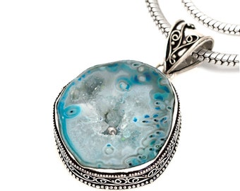 GEODE Agate STALACTITE Pendant & FREE 2MM Italian 925 Sterling Silver Chain V1647