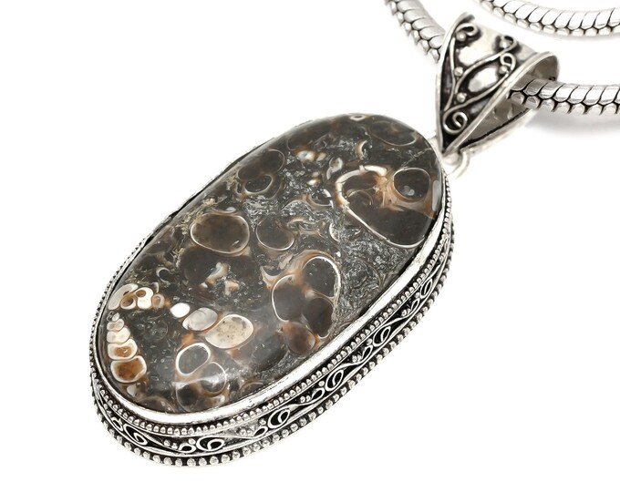 TURRITELLA FOSSIL Agate Jasper Pendant & FREE 3MM Italian 925 Sterling Silver Chain V1593