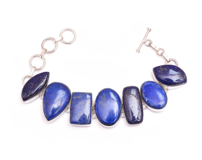 Grab This! Lapis Lazuli Genuine Gemstone 925 Sterling Silver Bracelet B4572