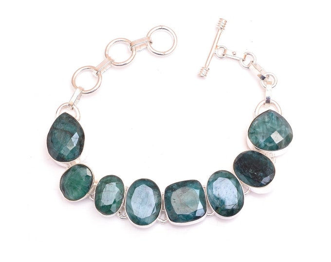 Emerald Genuine Gemstone 925 Sterling Silver Bracelet B4557
