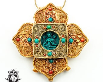 4 Inch GREEN TARA Turquoise Coral Tibetan Ghau LOTUS Prayer Box Pendant Np47