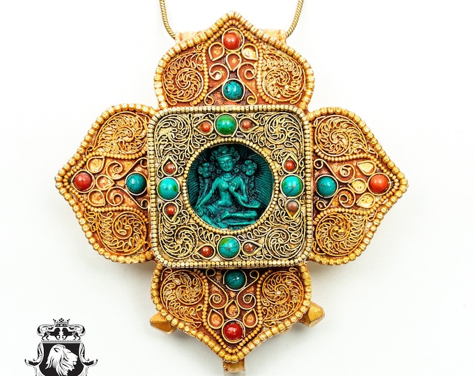 4 Inch GREEN TARA Turquoise Coral Tibetan Ghau LOTUS Prayer Box Pendant Np47