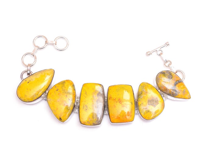 Blast of Yellow! Bumblebee Jasper Genuine Gemstone 925 Sterling Silver Bracelet B4546