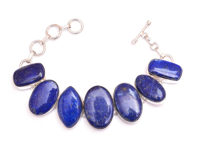 Navy Blue! Lapis Lazuli Genuine Gemstone 925 Sterling Silver Bracelet B4569