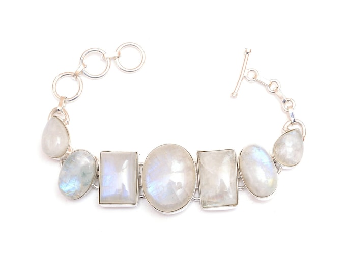 Rainbow Moonstone Genuine Gemstone 925 Sterling Silver Bracelet B4523