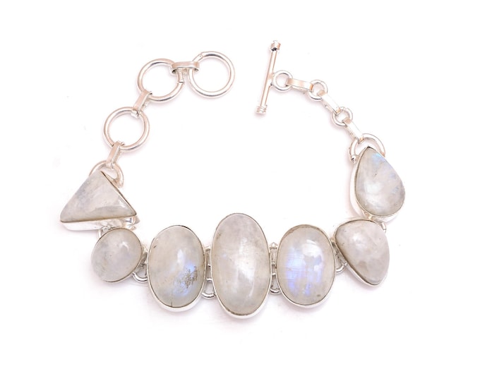 Opulent! Rainbow Moonstone Genuine Gemstone 925 Sterling Silver Bracelet B4531