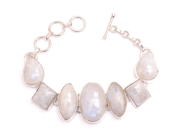 Stunning Grade! Rainbow Moonstone Genuine Gemstone 925 Sterling Silver Bracelet B4558