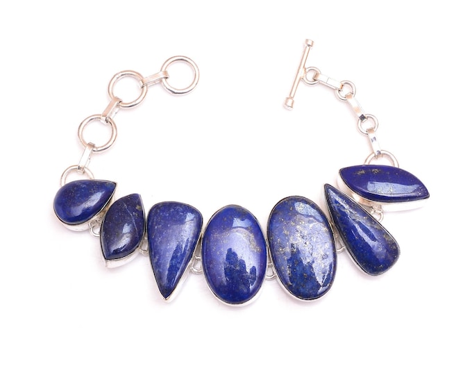 Unique Shape! Lapis Lazuli Genuine Gemstone 925 Sterling Silver Bracelet B4571