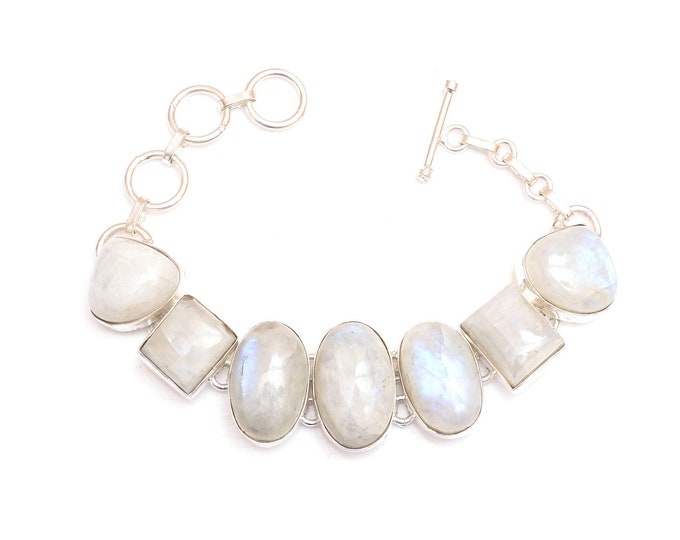 Rainbow Moonstone Genuine Gemstone 925 Sterling Silver Bracelet B4511