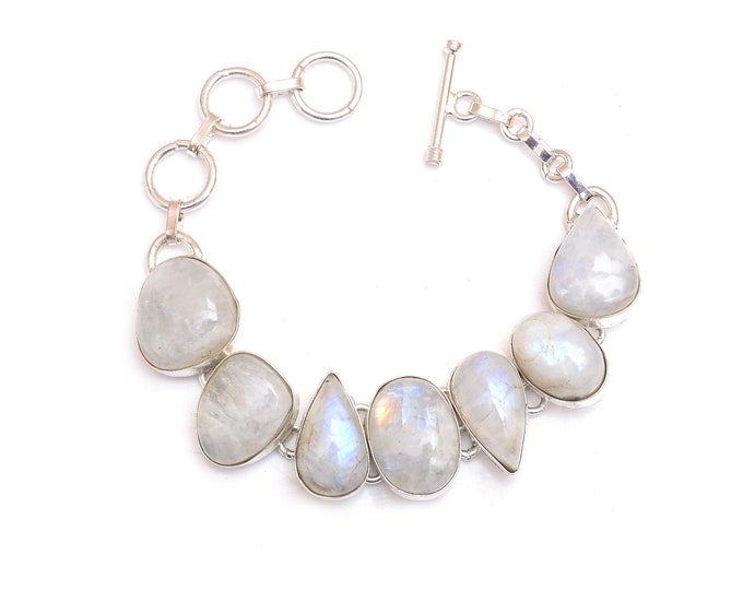 Rainbow Moonstone Genuine Gemstone 925 Sterling Silver Bracelet B4489