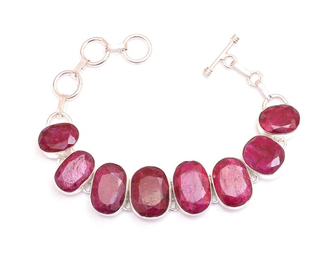 Stunning Beauty! Kashmir Ruby Genuine Gemstone 925 Sterling Silver Bracelet B4564