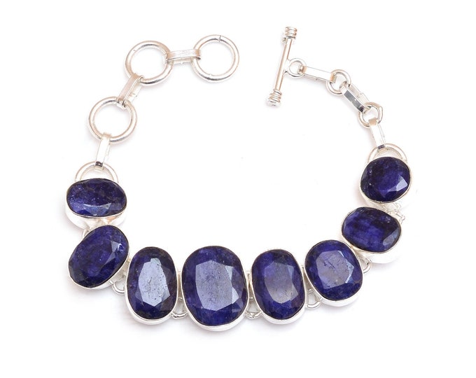 Deep Blue Ceylon Sapphire Genuine Gemstone 925 Sterling Silver Bracelet B4491