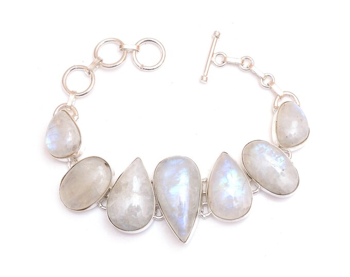 Extra-Virgin! Rainbow Moonstone Genuine Gemstone 925 Sterling Silver Bracelet B4528