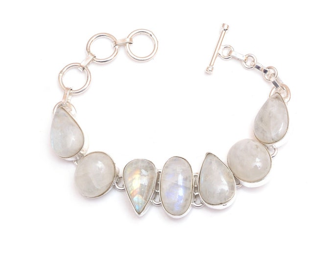 Rainbow Moonstone Genuine Gemstone 925 Sterling Silver Bracelet B4545