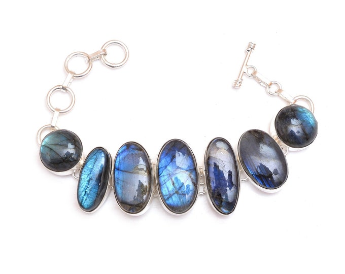 Canadian Blue Labradorite Genuine Gemstone 925 Sterling Silver Bracelet B4488