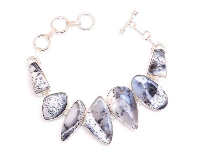 Can't Get Better! Merlinite Dendritic Opal Genuine Gemstone 925 Sterling Silver Bracelet B4567