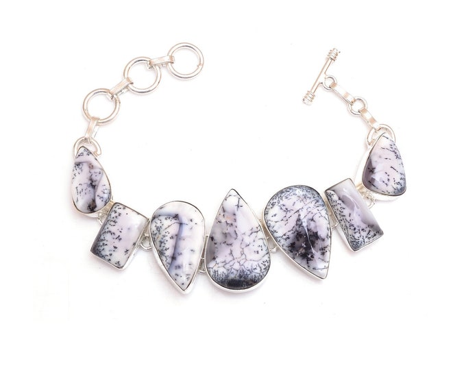 Dendritic Opal Merlinite Genuine Gemstone 925 Sterling Silver Bracelet B4510