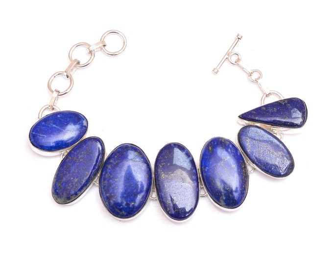 Grab This One! Lapis Lazuli Genuine Gemstone 925 Sterling Silver Bracelet B4570