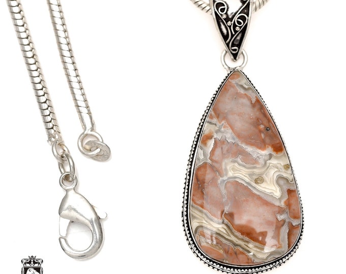 CRAZY Lace AGATE Pendant & FREE 3MM Italian 925 Sterling Silver Chain  V1619