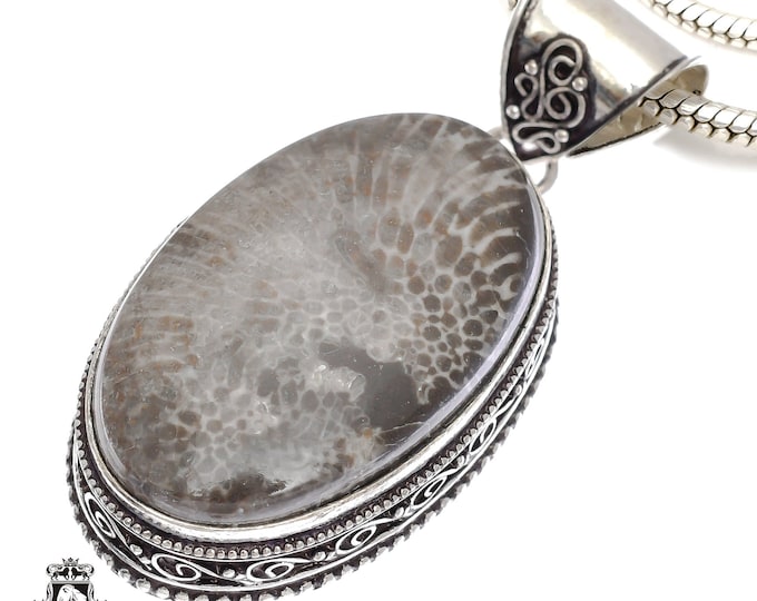 Stingray Coral Fossil Pendant & FREE 3MM Italian 925 Sterling Silver Chain V705