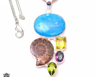 Sleeping Beauty Turquoise Ammonite 925 Sterling Silver Pendant & 2MM Italian Chain P10026