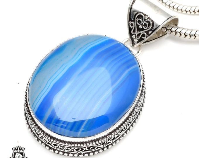 BLUE Banded Agate Pendant & FREE 3MM Italian 925 Sterling Silver Chain V112
