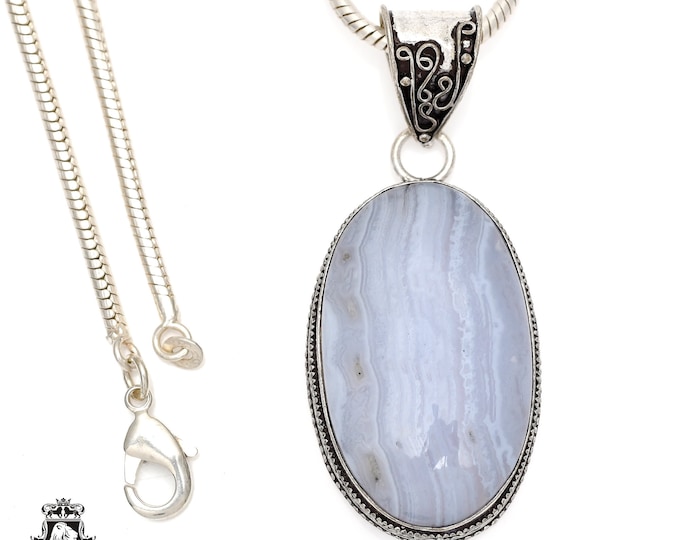 Namibian BLUE LACE Agate Pendant & FREE 3MM Italian 925 Sterling Silver Chain V543