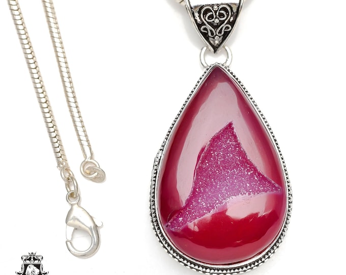 Pink Agate Geode Druzy Pendant & FREE 3MM Italian 925 Sterling Silver Chain V155