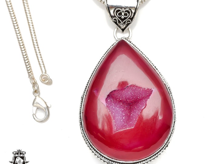 Pink Agate Geode Druzy Pendant & FREE 3MM Italian 925 Sterling Silver Chain V144