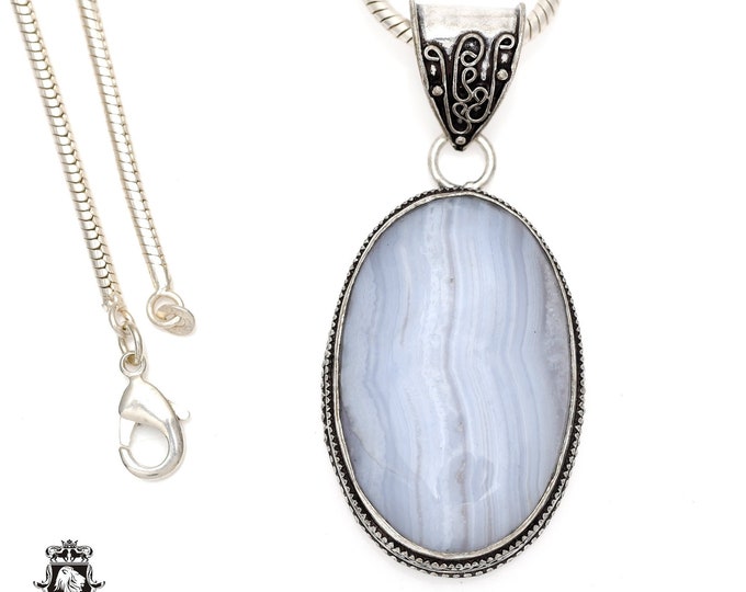 Namibian BLUE LACE Agate Pendant & FREE 3MM Italian 925 Sterling Silver Chain V552