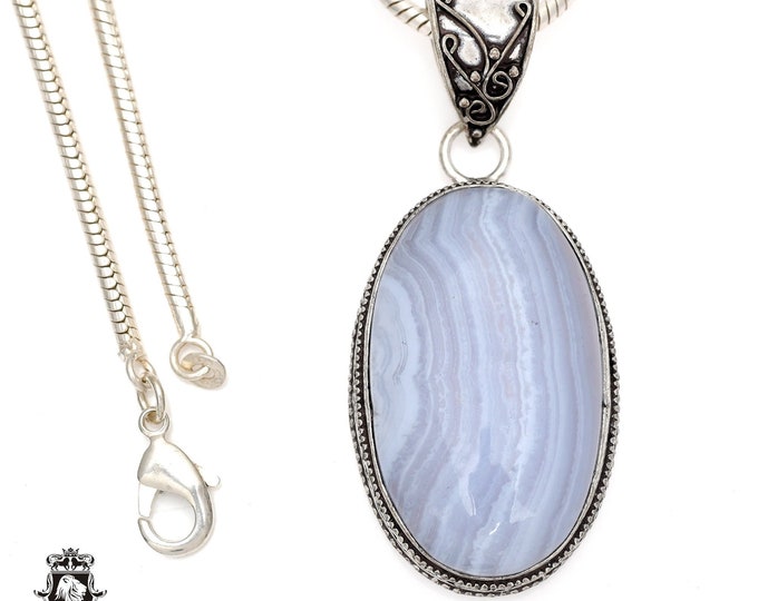Namibian BLUE LACE Agate Pendant & FREE 3MM Italian 925 Sterling Silver Chain V551