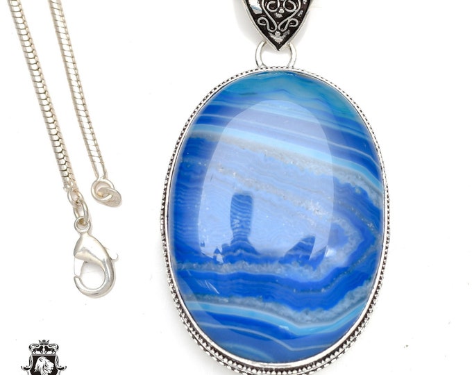 Blue Banded Agate Pendant & FREE 3MM Italian 925 Sterling Silver Chain V117