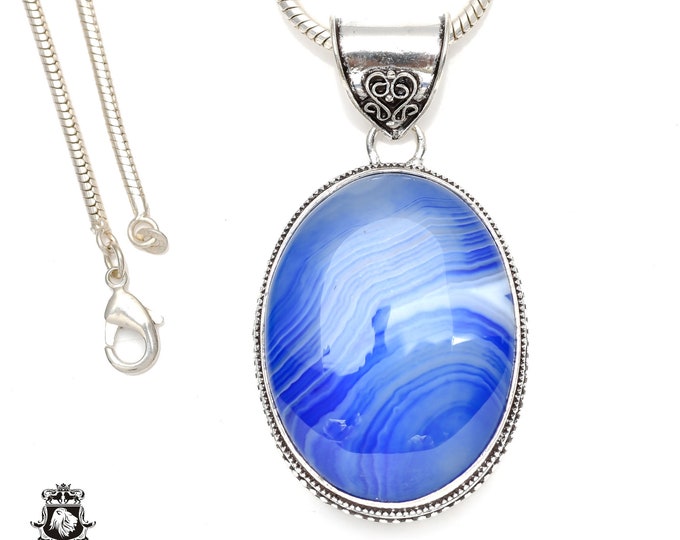 BLUE Banded Agate Pendant & FREE 3MM Italian 925 Sterling Silver Chain V97