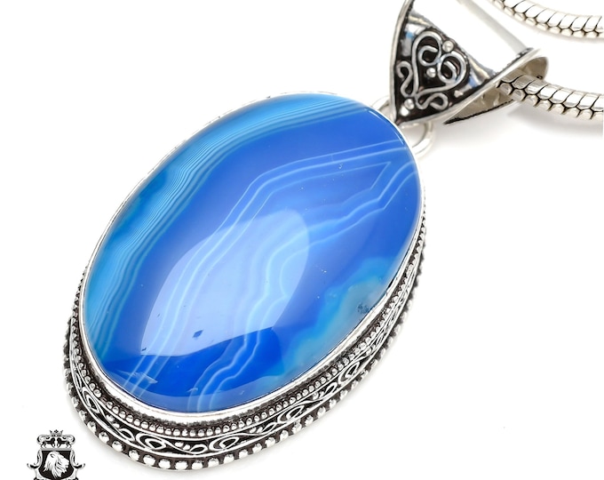 2.33 Inches Oval Shaped Blue Banded Agate Pendant & FREE 3MM Italian 925 Sterling Silver Chain V119