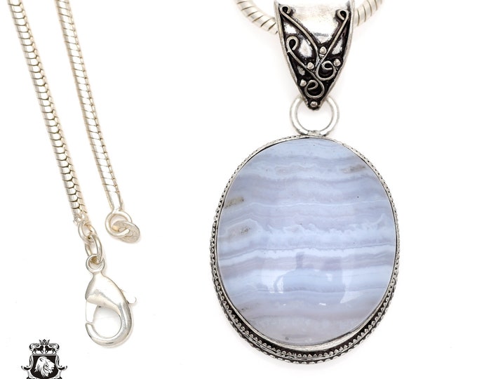 Namibian BLUE LACE Agate Pendant & FREE 3MM Italian 925 Sterling Silver Chain V546