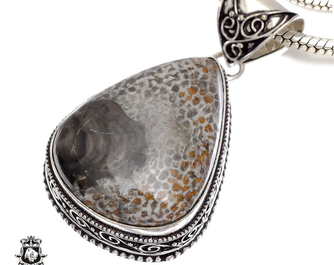 Stingray Coral Fossil Pendant & FREE 3MM Italian 925 Sterling Silver Chain V708
