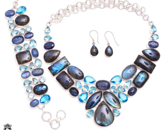 AAA Graded! Labradorite Blue Topaz Fine 925 Sterling Silver Necklace Bracelet Dangle & Drop Earrings SET1108