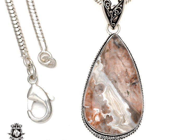 CRAZY Lace AGATE Pendant & FREE 3MM Italian 925 Sterling Silver Chain  V1621