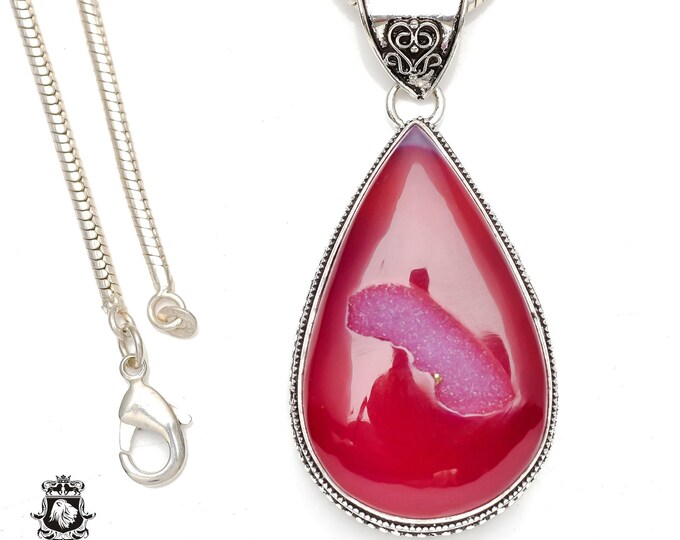 Pink Agate Geode Druzy Pendant & FREE 3MM Italian 925 Sterling Silver Chain V152