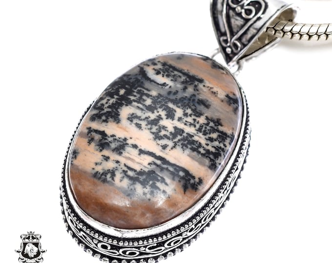 German Fossilized DENDRITE Agate Pendant & FREE 3MM Italian 925 Sterling Silver Chain V374