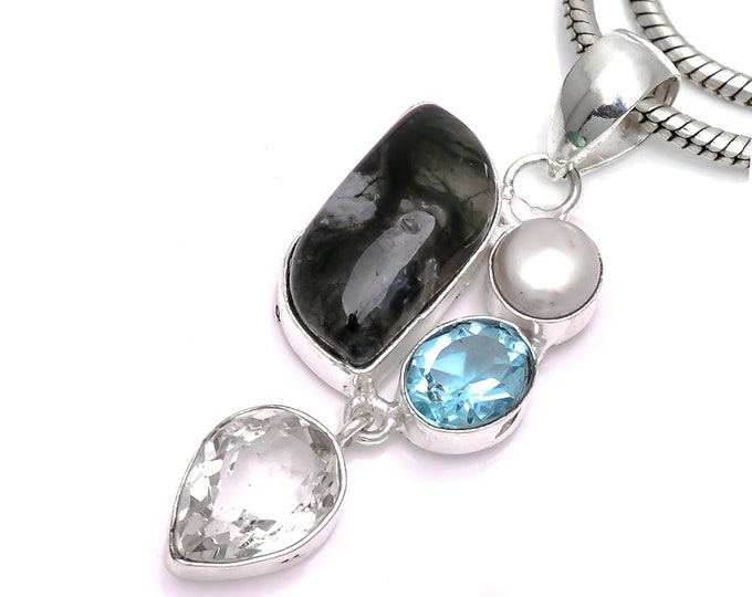Moss Agate Pearl Clear Topaz 925 Sterling Silver Pendant & 3MM Italian 925 Sterling Silver Chain P6609