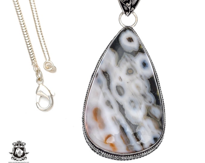 Ocean Jasper ORBICULAR Jasper Pendant & FREE 3MM Italian 925 Sterling Silver Chain V591