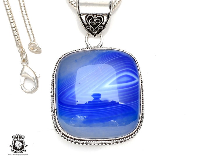 Square Shaped with Curvature Dome Banded Agate Necklace & FREE 3MM Italian 925 Sterling Silver Chain V121