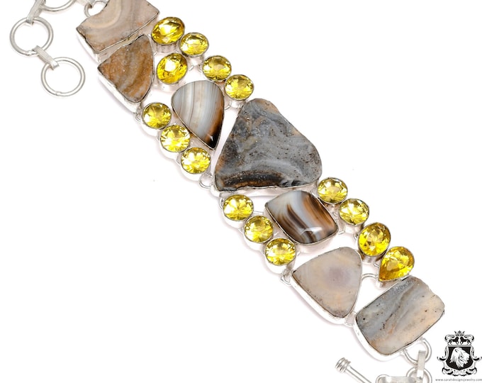 Banded Agate Desert Drusy Citrine 925 Sterling Silver Bracelet B3609