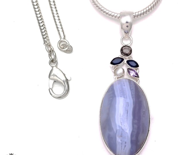 Blue Lace Agate Iolite Amethyst Pearl 925 Sterling Silver Pendant & 3MM Italian 925 Sterling Silver Chain P6611