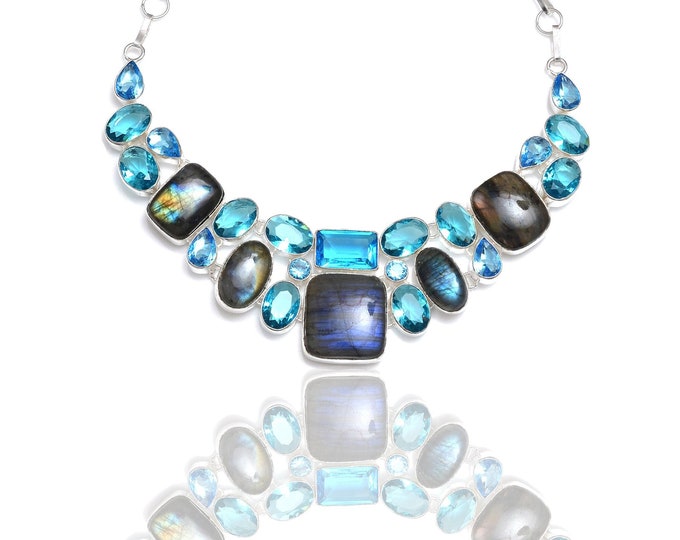 Labradorite Blue Topaz Healing Crystal Necklace Birthstone Necklace NK141